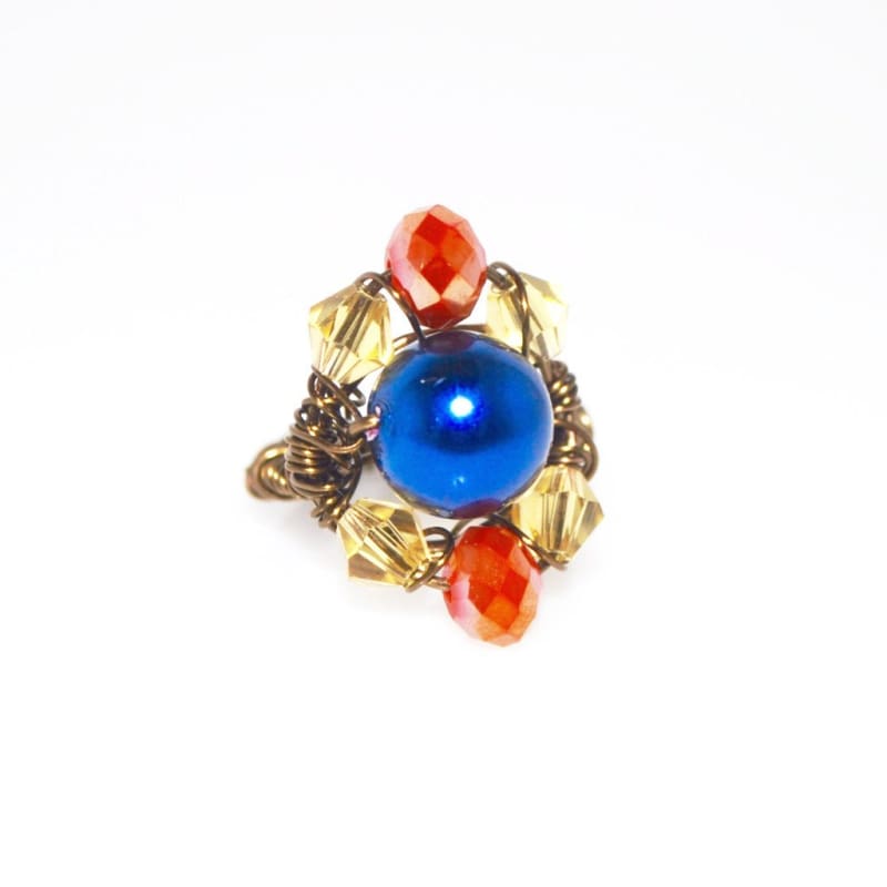 FBT - Two Beads Blue and Red Bronze Wire Handmade Ring - FashionByTeresa