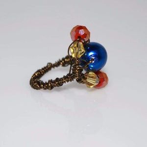 FBT - Two Beads Blue and Red Bronze Wire Handmade Ring - FashionByTeresa
