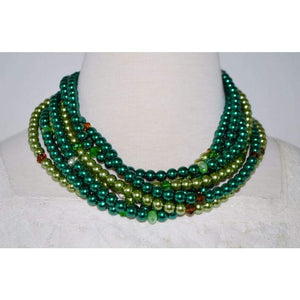 Two Toned Green Multi Strands Glass Pearls With Crystals Womens Necklace - Handmade