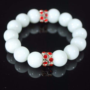 White Jade Gemstone With Red Rhinestone Stretch Bracelets - Handmade