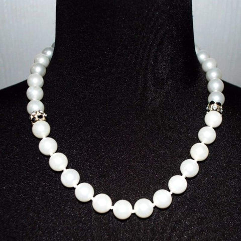 White Pearls With Black Rhinestone Womens Necklace - Handmade