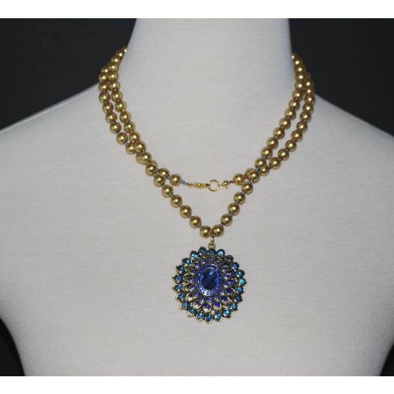 FBT - Yellow Glass Beads with Blue Pendants Necklace - FashionByTeresa