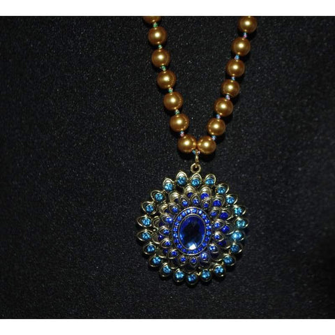 FBT - Yellow Glass Beads with Blue Pendants Necklace - FashionByTeresa